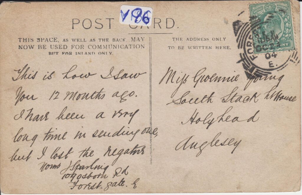 Revers of a postcard sent by J Sparling to Gwennie Young at South Stack lighthouse